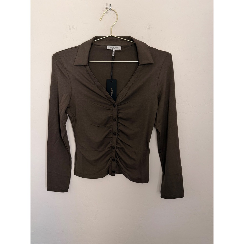 Rag & Bone Lucy LS Ruched Minimalist Simple Blouse Midnight Olive Green Sz S NWT